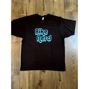 Men Women Unisex T-Shirt Brown + Teal Writing Bike Nerd Size Large
